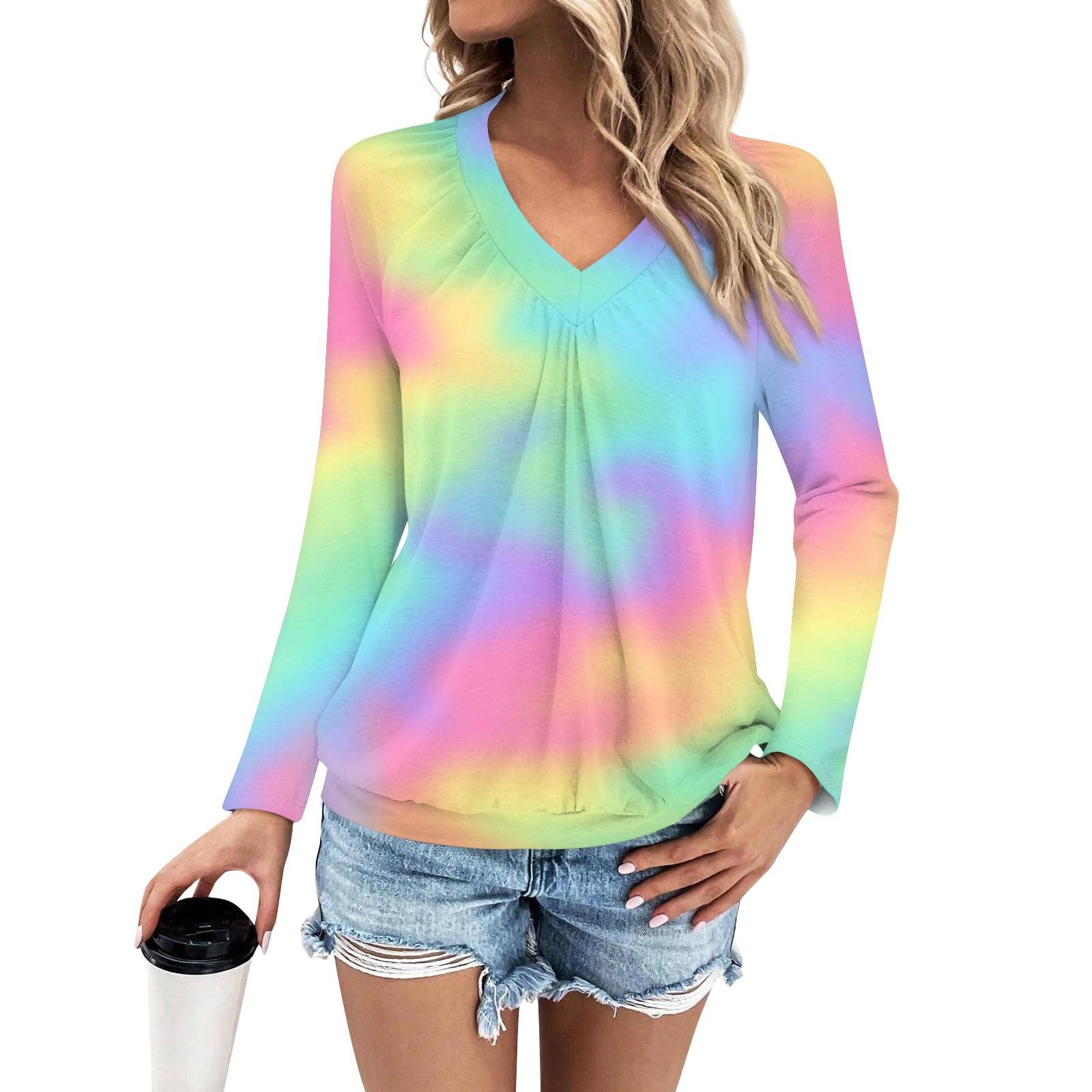 

Женская мода V-образный вырез плиссированный градиентный принт повседневный длинный рукав XL жёлтый