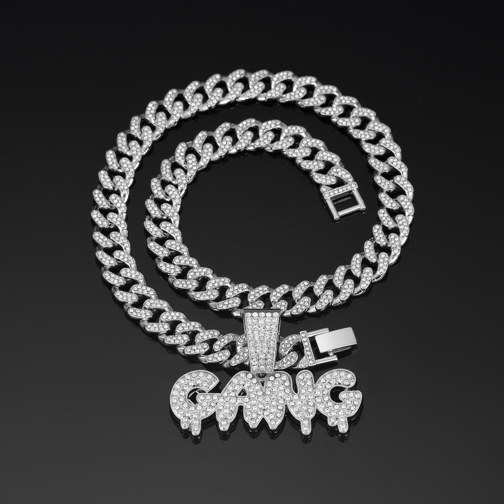 Herren Iced Out Blasenbuchstaben GANG Anhänger Zinklegierung Kristall & Strass Cuban Chain Trendiger Party Streetwear Schmuck