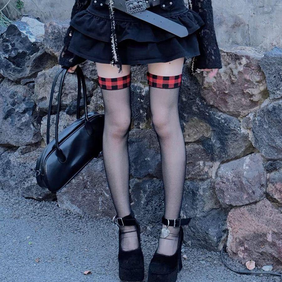 

Му Руан JK Клетчатые Черные Гусиная лапка Прозрачные Чулки до Бедра One Size