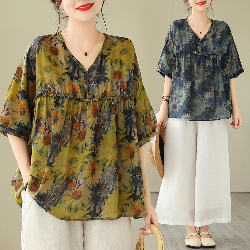 

DIMANAF 2023 Женщины больших размеров Летний дизайн Рубашка с рукавом крыла летучей мыши Свободный принт Длинные рукава Цветочный принт Fashoin Design Show Тонкая рубашка с о-образным вырезом