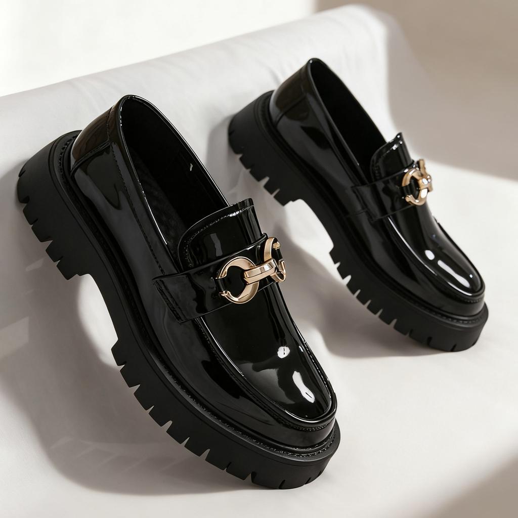 Fashion Thick Sole Men's Penny Loafers Slip-On Business Dress Shoes for Gentleman Metal Buckle Formal Black Glossy Shoes