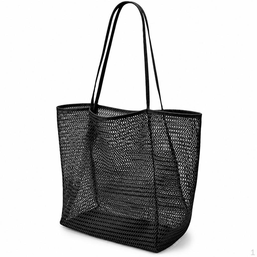 Foldable Mesh Beach Bag Large Capacity Travel Tote Shoulder Handbag for Clothes and Sundries Black