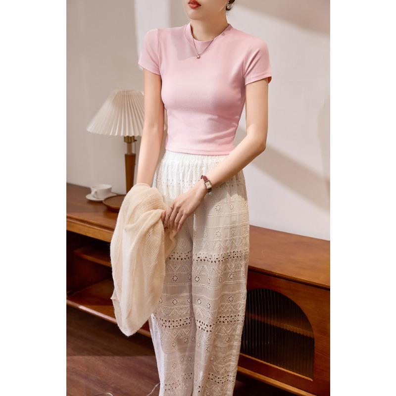 Women's Combed Cotton High-waisted Short T-shirt Summer New Slim Thin Small People with Short-sleeved Tops