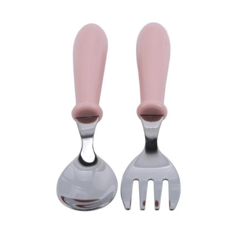Stainless Steel Children's Spoon and Fork Set, Three-Piece Set Baby Tableware Maternity Gift Round Handle Spoon and Fork