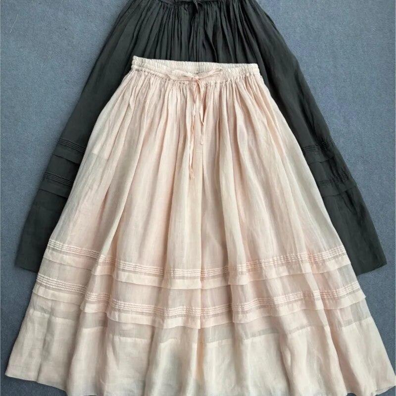 Johnature Japanese Patchwork Embroidery High Waist Women Skirts Summer All Match Vintage Loose Women Skirt