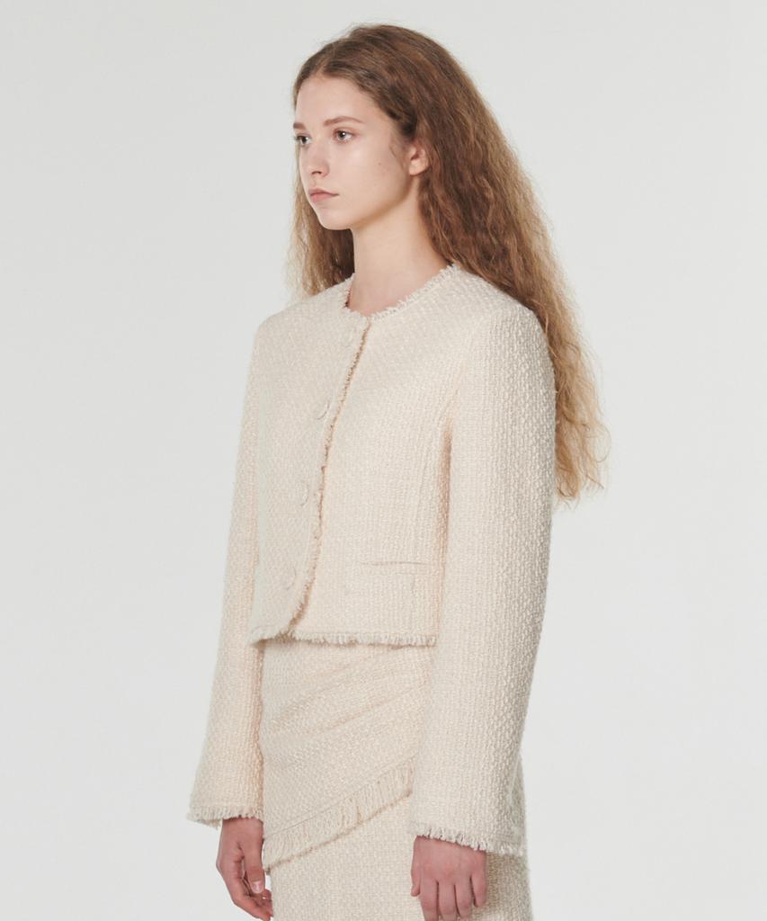 Outshell Fringed Wool Tweed Jacket Cream