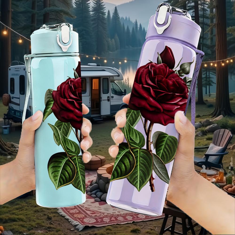 1PC Deep Red Watercolor Rose Graphic,750ml Color Plastic Sports Water Bottle,Leakproof Flip Straw Lid,Suitable for Sports Office Home Use