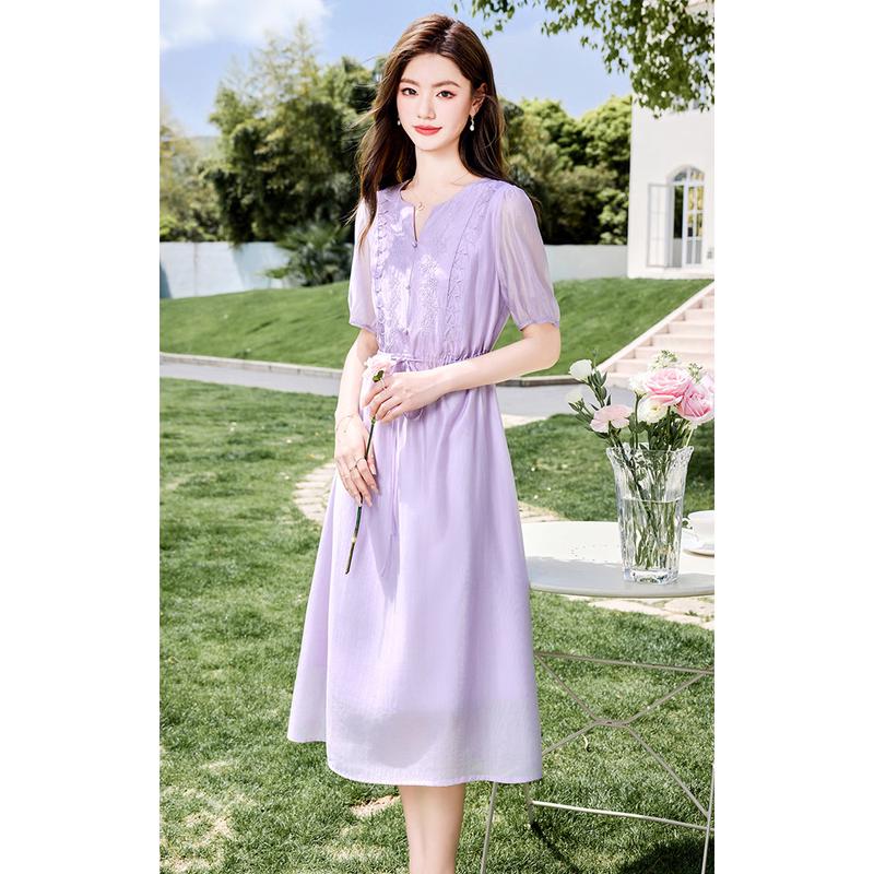 

Fleeting Years Tencel Light Violet V-neck A-Line Dress L