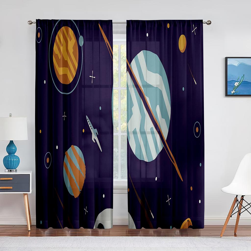 Tecknad Yttre Rymden Raket Planet Tyll Skira Fönstergardiner för Vardagsrum Pojkar Barn Sovrum Tyll Voile Gardiner Draperier Dekor