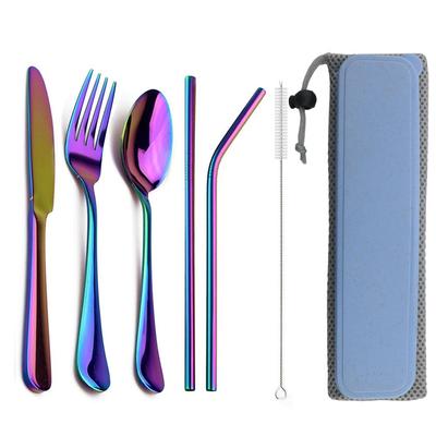 Set di Posate Leggero Portatile da 8 Pezzi Set di Posate in Acciaio Inossidabile Coltello Forchetta Cucchiaio Cannucce per Succo Spazzolino per la Pulizia con Borsa da Viaggio