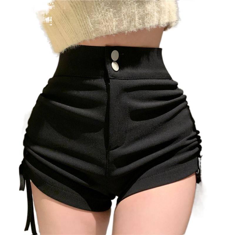 Plus Size Black Pleated Drawstring Shorts - Korean Style Sweet and Spicy Hip-Hugging ElastiFit Slimming Casual Women's Hot Pants