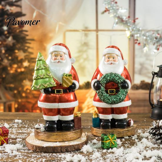 Desktop Holiday Ornament Santa Claus Figurine, Christmas Resin Holding Wreath/Tree/Bear Statue, Decorative Gift for Family Tabletop Mantel,