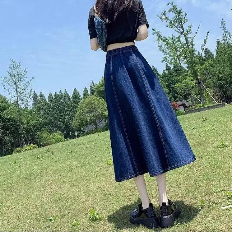 Chic Pleated Jeans Skirts Spring Autumn Long Washing Ladies Straight Women  Denim Midi Skirts