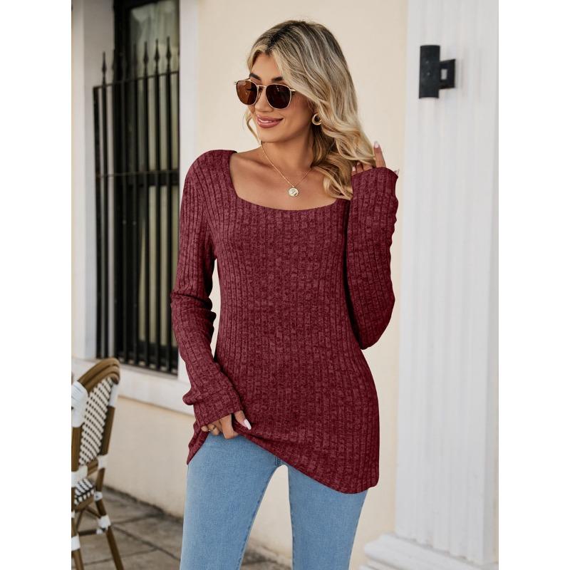 2025 Новый женский топ Осень-Зима Квадратный вырез Полосатый с начесом Повседневный Длинная версия Длинные рукава для женщин S