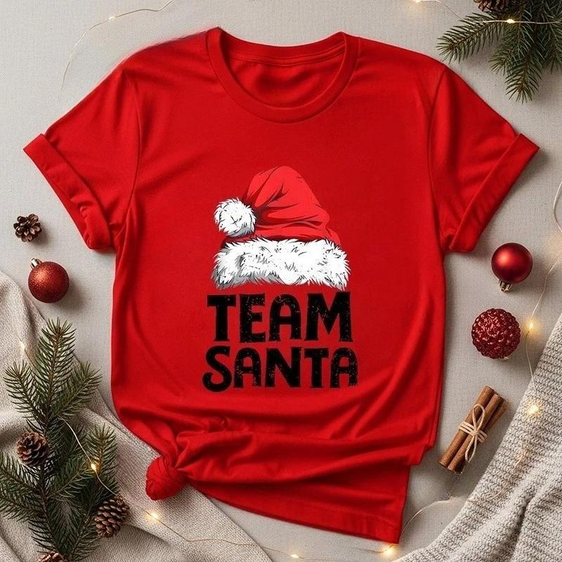 Fashionable Christmas hat printed pattern holiday Tshirt round neck short sleeved fashionable versatile Womens Tshirt