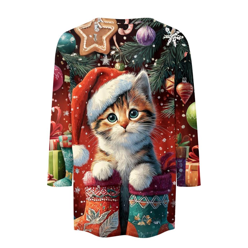 Dámské módní a ležérní top s tříčtvrtečním rukávem a vánočním potiskem s kulatým výstřihem