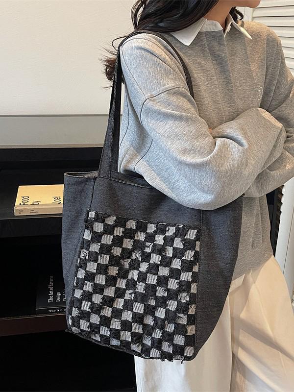 Winter 2025 Plaid Washed Denim Embroidered Handbag - Large Capacity Shoulder Bag