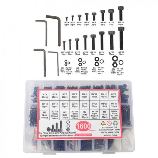 1600Piece Metric Screw Assortment M2 - M5, Grade 12.9 Alloy Steel Hex Bolts