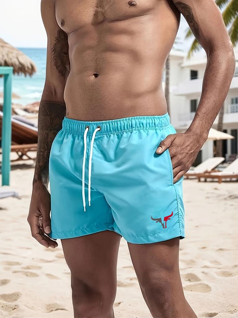 Men's Quick Dry Bull Print Swimming Shorts Breathable Surf Pants with Drawstring Pocket Summer Beach Shorts