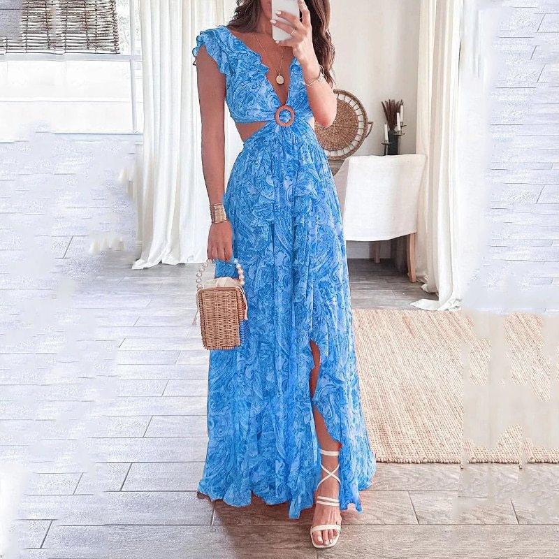 Autumn new women's clothing, Europe, America, fashion printing V-neck ruffle edge split dress