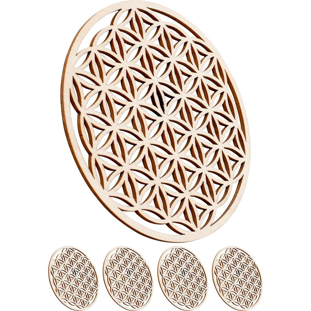 Wood Coaster Flower Life 5-piece Set Wooden Stylish Sacred Geometry Pattern Asian Kitchen Bar