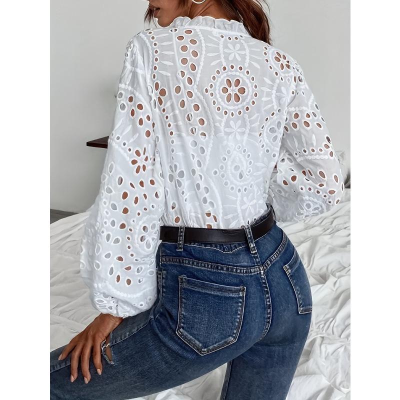 Cămașă Albă Elegantă din Dantelă cu Mânecă Lungă pentru Femei, Stil Vintage, Primăvară și Vară, Decupată, Bluză Sexy, Topuri Elegante pentru Femei, plisată, Croială Slim Fit, cu Nasturi, Cămăși pentru Doamne