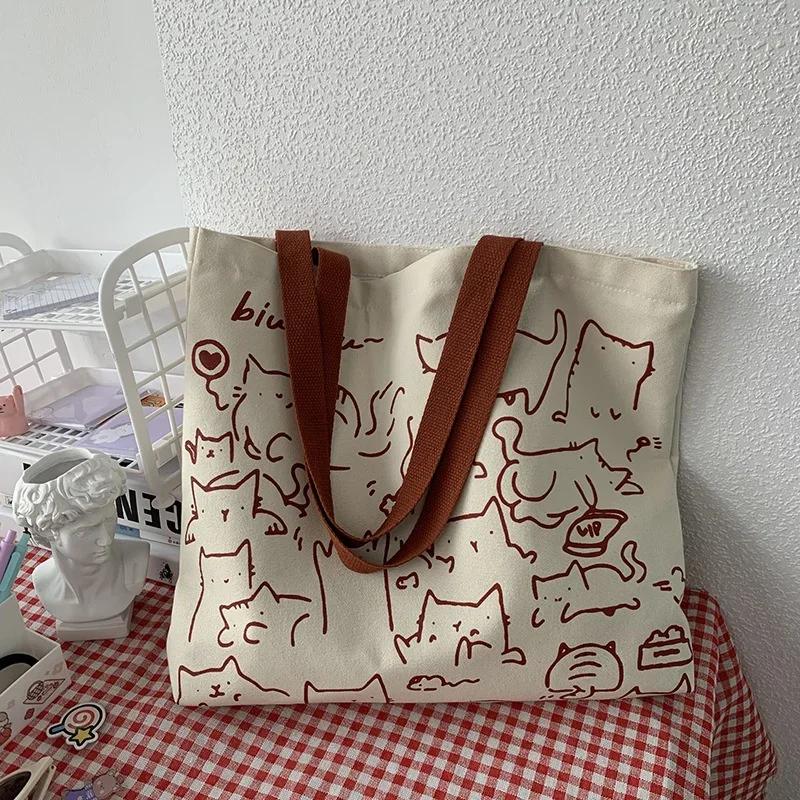 Canvas Bag Womens Handbag Shopping Bag Cute Cat Zipper Handbag Designer Bag Japanese Style Cartoon Small Shoulder Bag