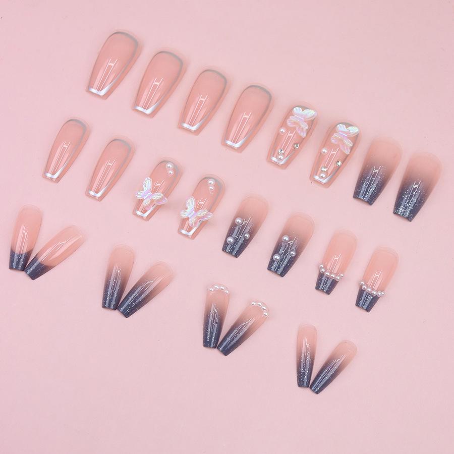 24 Pieces Diamond Bow Grey Premium Pearl Chain French Style Premium Sense Unloading Wear Nail Art Fake Nails