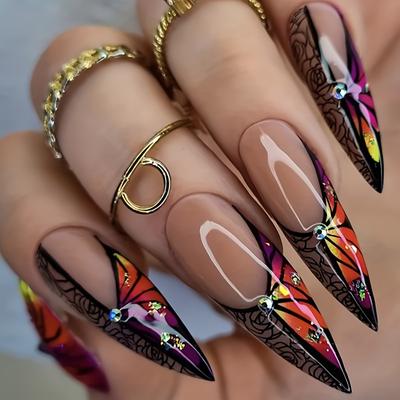 24pcs Glossy Long Stiletto Fake Nails, French Tip Press On Nails With Vintage Rose Flower Design, Rhinestone False Nails For Women Girls