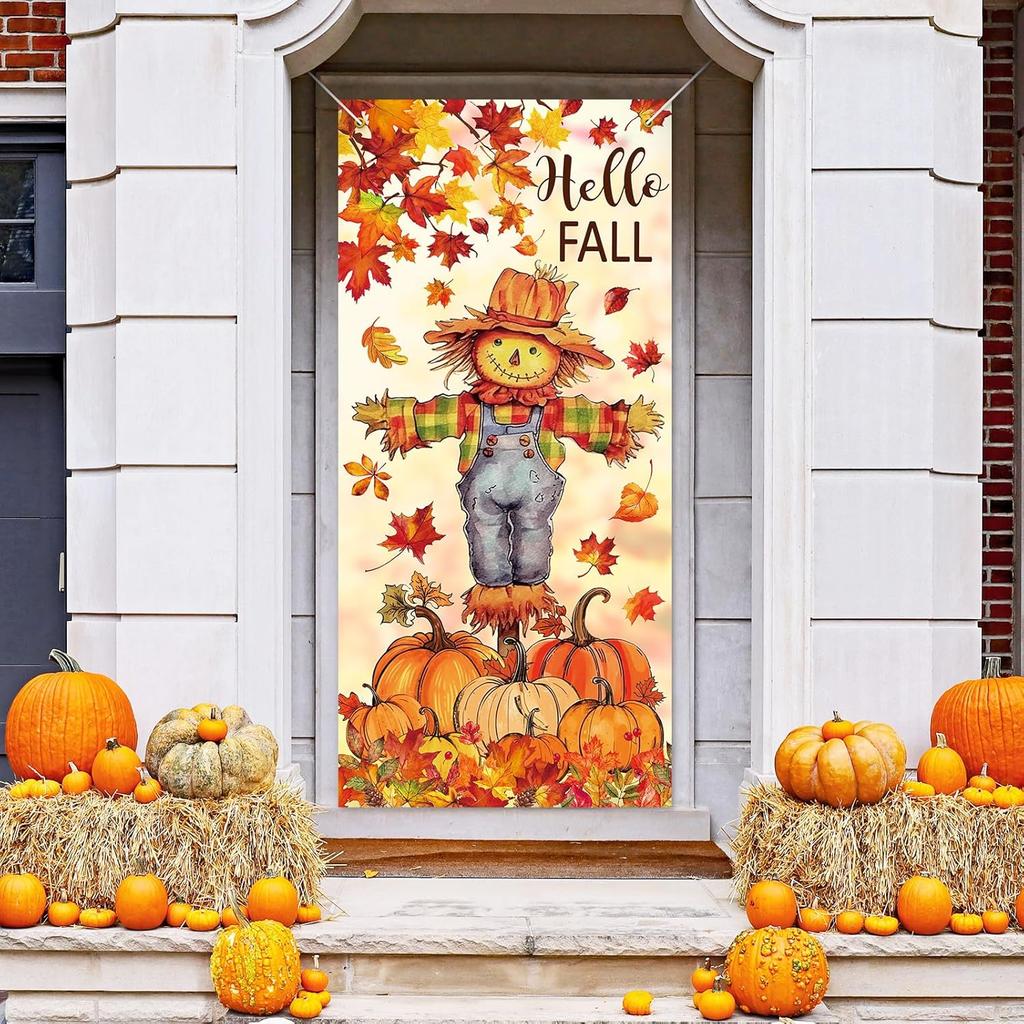 Fall Door Banner Cover Scarecrow Pumpkin Leaves Hanging Banner Autumn Photo Background for Thanksgiving Party Home School Classroom Supplies, 31.5 x