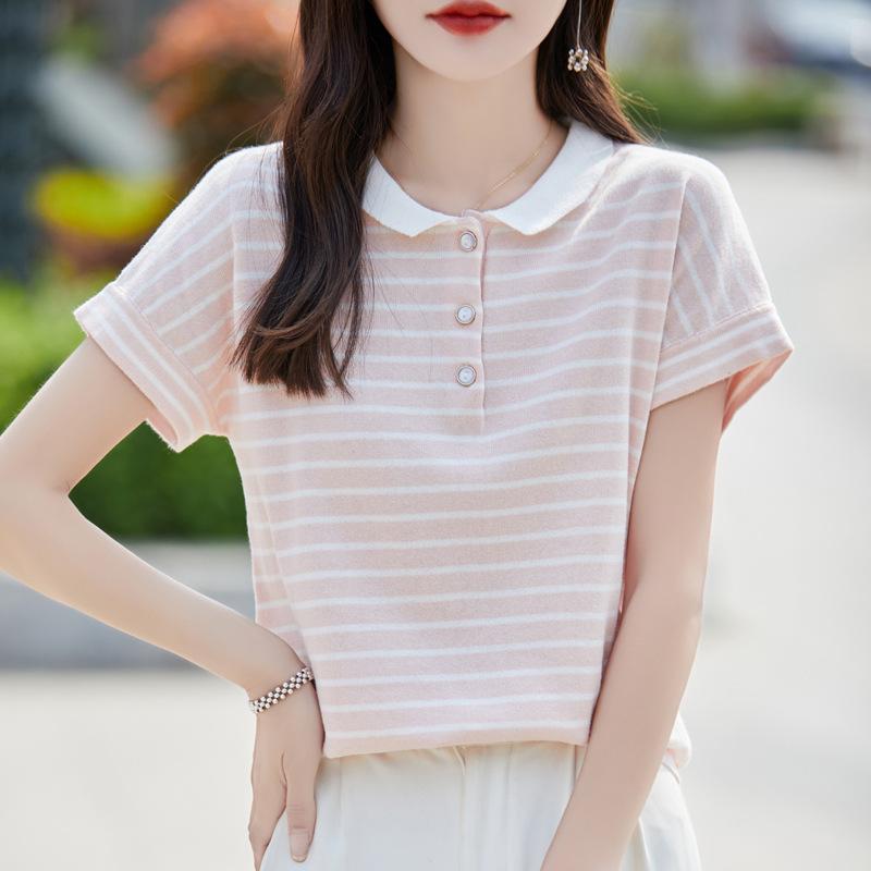 New Summer French Striped Cotton Knitted Short-sleeved T-shirt for Women Loose Niche Design POLO Small Lapel Top