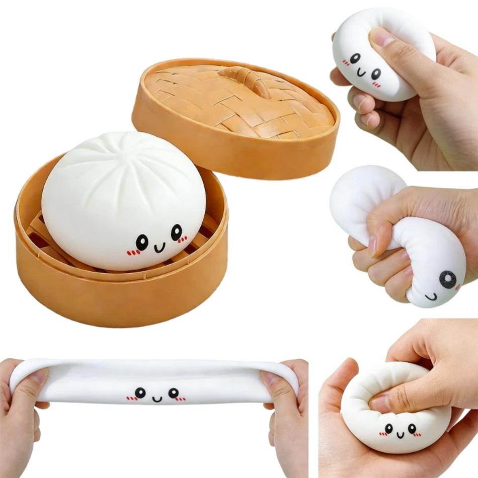 Dumpling Stress Balls Fidget Sensory Toy Simulation Food with Little Steamer Squeeze Dough Ball Stress Relief Hand Toy
