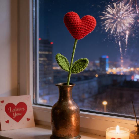 Virkat Hjärta Pinnar Handgjord Stickad Röd Hjärta Bukett med Gröna Blad Alla Hjärtans Dag Vasfyllning för Bordscenterpiece Heminredning