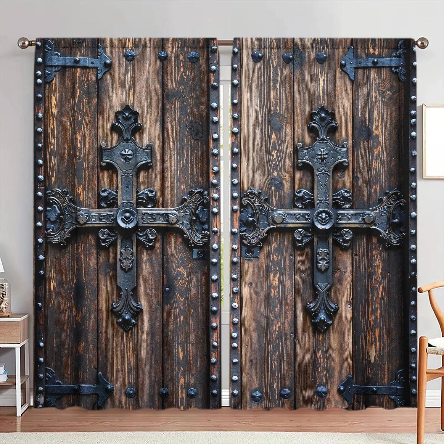 2pcs Retro Cross Wooden Door Printed Curtains - Artistic Home Decoration Curtains, All Season Decorative Curtains 60×150