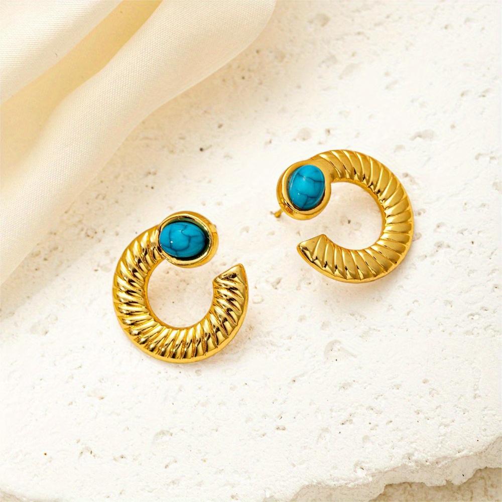 Stainless Steel High-end French Retro Light Luxury Niche Stainless Steel Turquoise Inlaid Fan-shaped Irregular Earrings