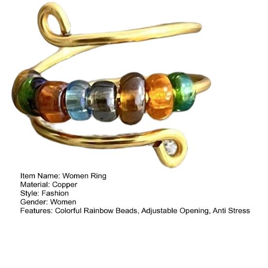 Yousheng Women Ring Rotatable Adjustable Opening Design Geometric Electroplating Anti Stress Gifts Colorful Rainbow Beads Anxiety Spinner Ring Jewelry