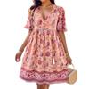 Damen Blumendruck Boho Strand Minikleid Sommer V-Ausschnitt Kurzarm Schnürung Lässige Lose Urlaubskleider Robe Weiblich