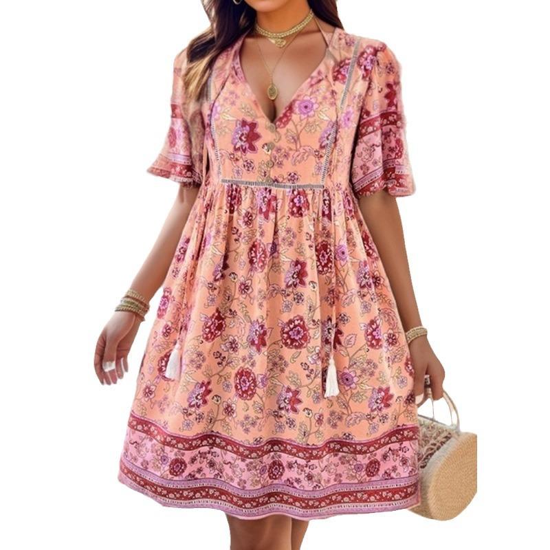 Damen Blumendruck Boho Strand Minikleid Sommer V-Ausschnitt Kurzarm Schnürung Lässige Lose Urlaubskleider Robe Weiblich