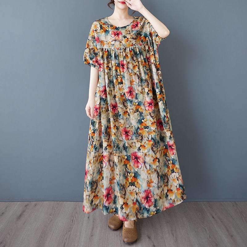 

DIMANAF 2025 Summer Women Plus Size Vintage Dress Short Sleeve Casual Floral Basic New Printing Loose Long Dress One Size жёлтый