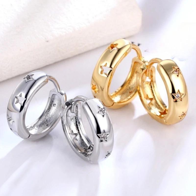 Stainless Steel Star Hoop Earrings for Women Girls Vintage Simple Zircon Paved Earrings Daily Wearing Party Jewelry Gift