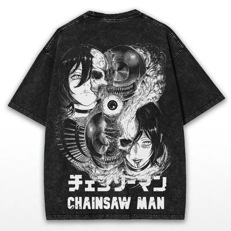 Japan Chainsaw Man Anime Reze Cool Graphic T Shirt Harajuku Washed T-shirt Men Women Clothing Oversized Cotton Short Sleeve Tees