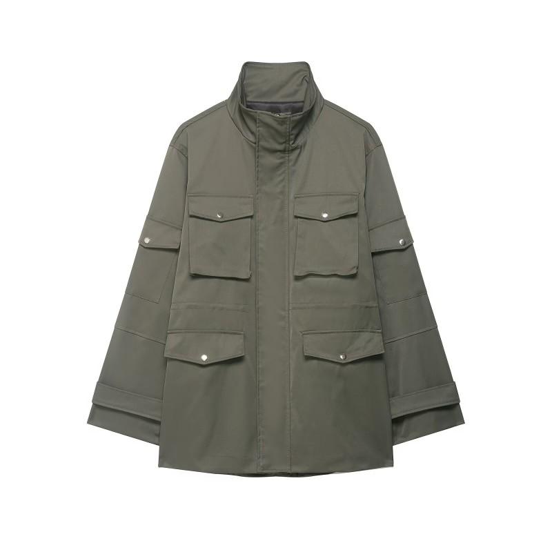 Womens Loose Stand Collar Long Sleeve Work Jacket Solid Color Multi Pocket Casual Coat