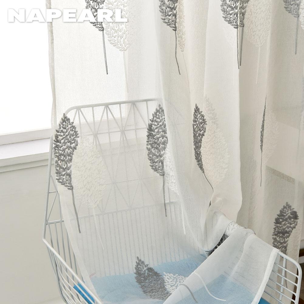 1PC NAPEARL 10%-20% Shading White Transparent Floral Embroidered Grey Leaves Tulle Sheer Voile Curtain for Living Room Bedroom