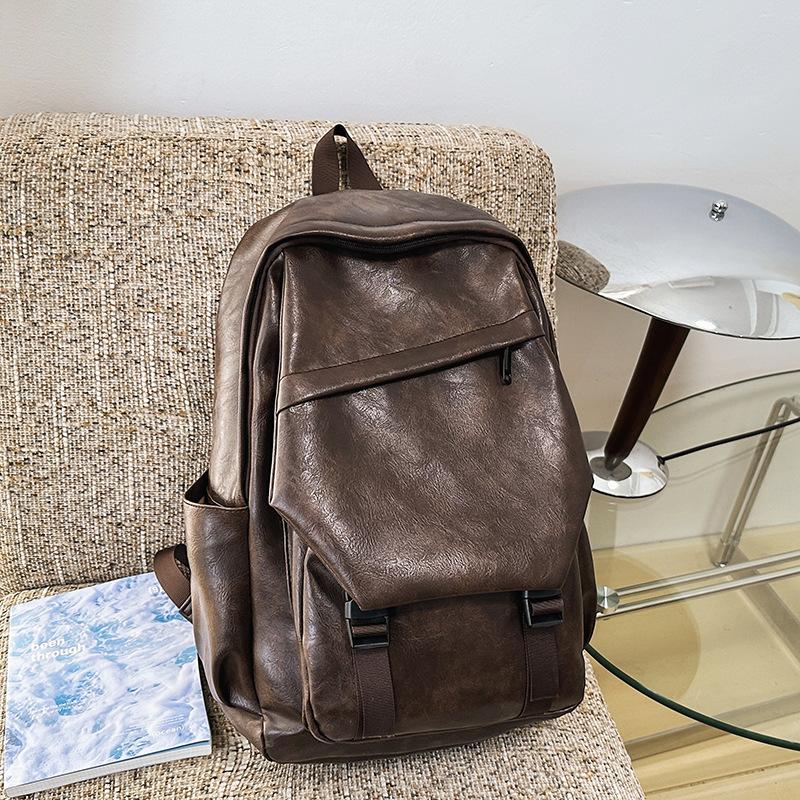 Retro Hong Kong Style Soft Leather Backpack, Men's and Women's Locomotive Style Backpack, College Student Schoolbag, Cool Waterproof Computer Bag