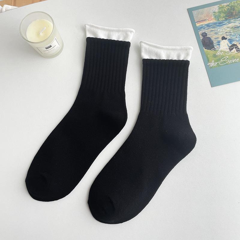 5 Pairs of Female Autumn Patchwork Double Candy Color Mid Tube Socks