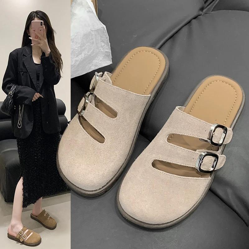 New Women's Suede Mules Slippers Platform Flats Boston Clogs Sandals Fashion Outdoor Indoor Slip On Beach Woman Soft Shoes