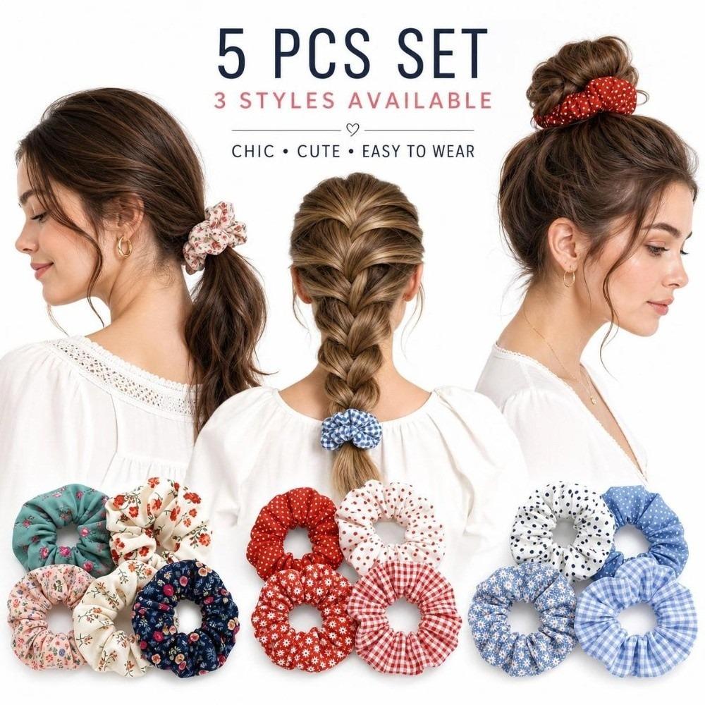 5pcs/set Elastic Floral Fabric Headbands Vintage Floral Ponytail Holder Scrunchie Hair Ties  Daily