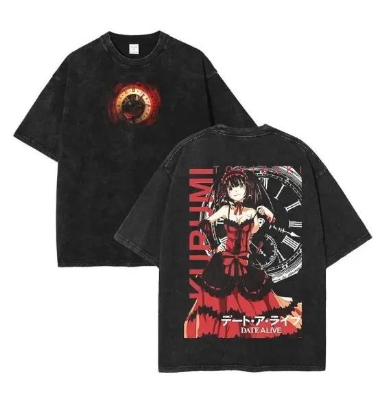 

\Date A Live Kurumi Tokisaki Dual-Sided Vintage Acid Washed Graphic T-Shirt Gothic Clock Anime Oversized Black Unisex Streetwear T-shirt L