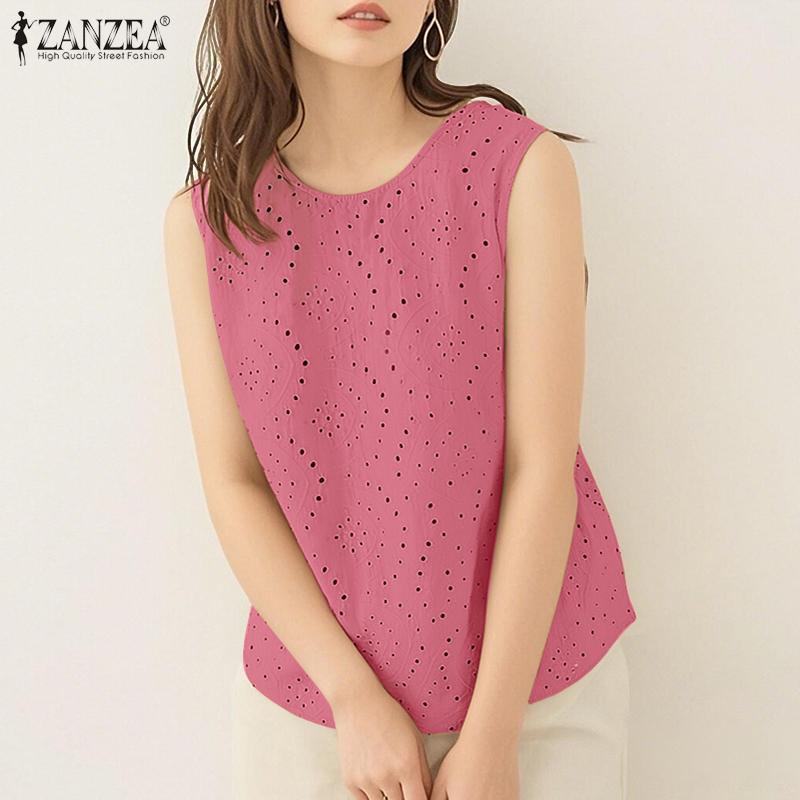 ZANZEA Women Casual Round Neck Summer Embroidery Crochet Sleeveless Tank Tops