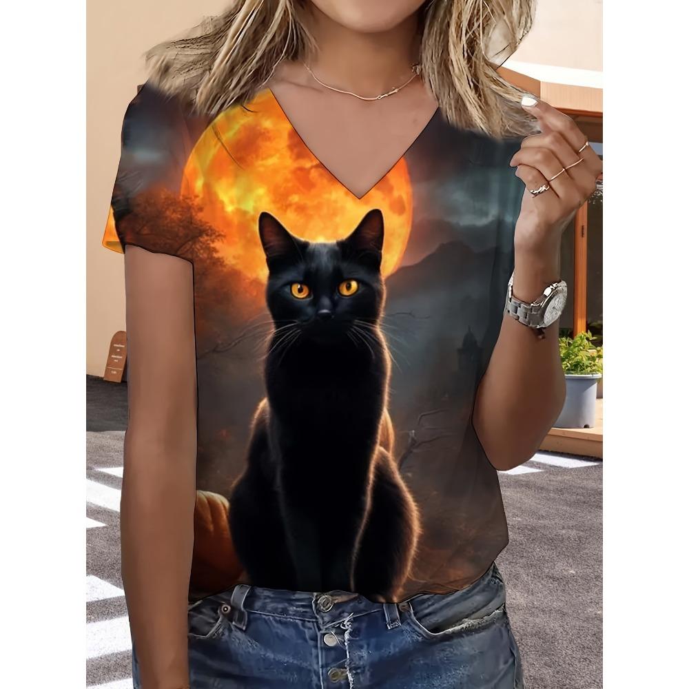 Summer Fashion Comfortable Loose Large T-shirt Colorful Flower 3D Printed Casual Breathable Versatile V-neck Short Sleeved Women's T-shirt